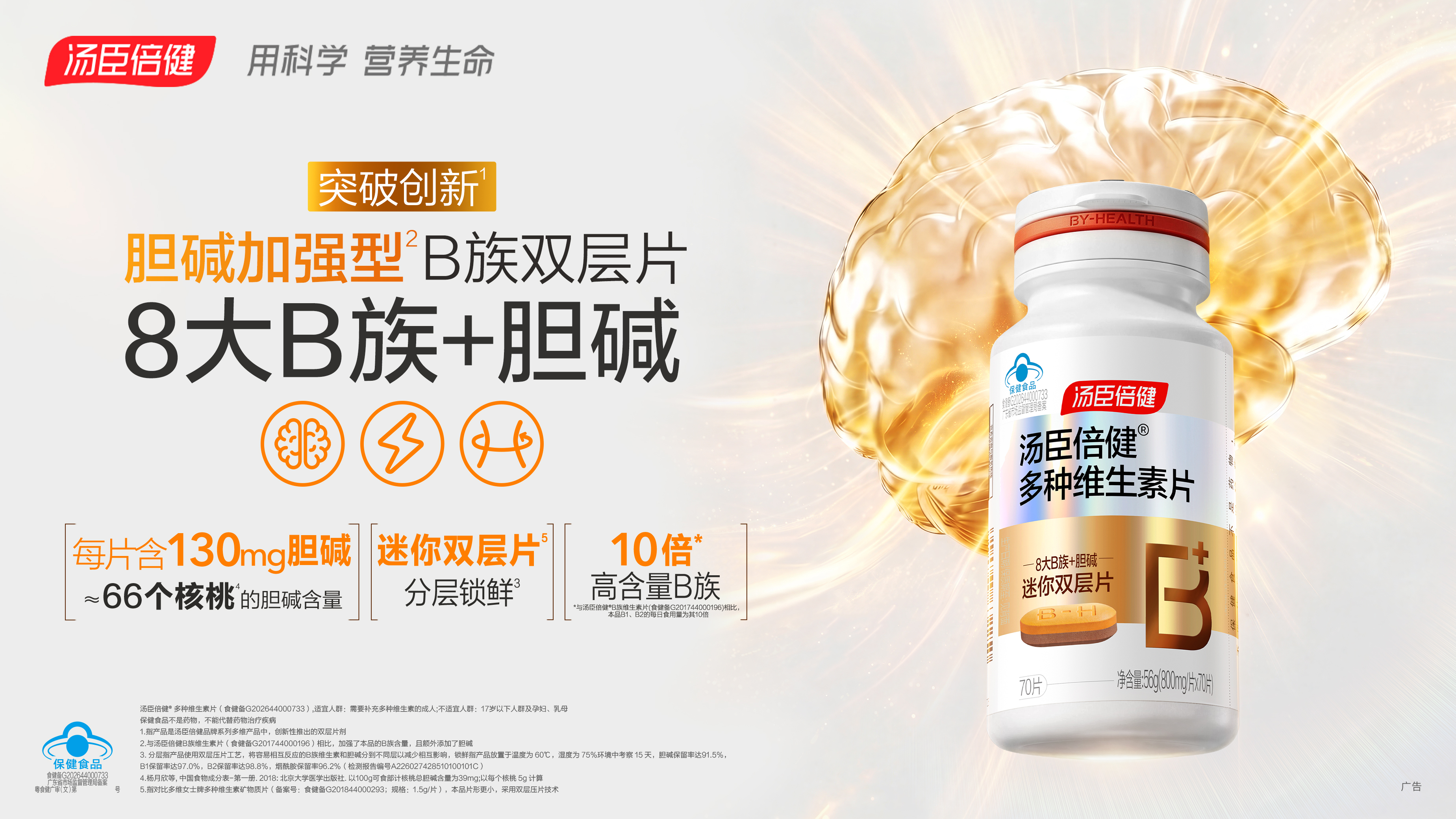 突破创新双层片,130mg胆碱+高含量8大B族, 迷你双层片分层锁鲜,保留活性,高效补充